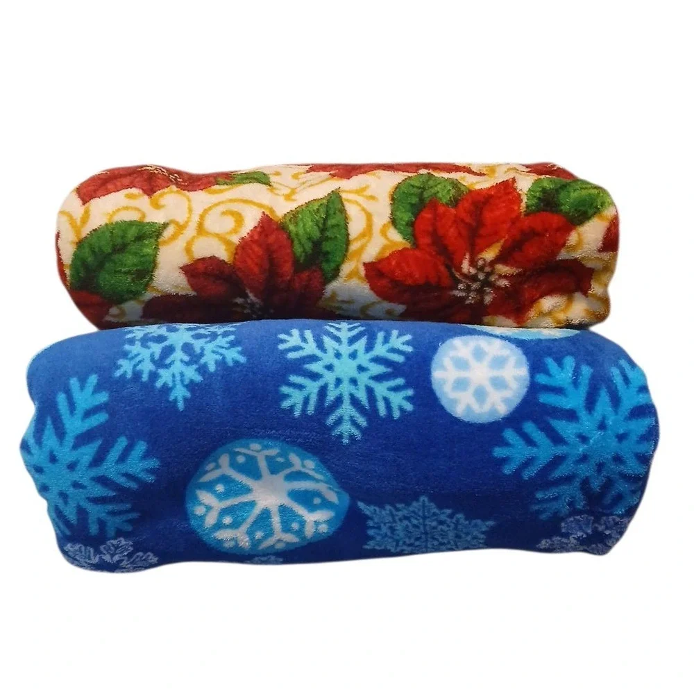 2 Soft Christmas Decor Throw Blankets Red Poinsettia & Blue Snowflakes 55